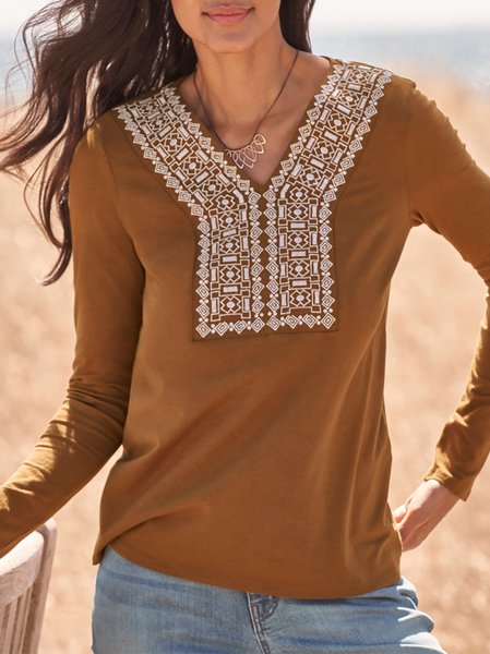

V Neck Tribal Cotton Vintage Shirts & Tops, Mustard, Tops