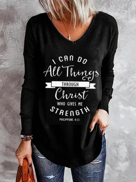 

I Can Do All Things Through Christ Who Strengthens Me Letters Pattern Long Sleeves V Neck Plus Size Casual Tops, Black, T-Shirts