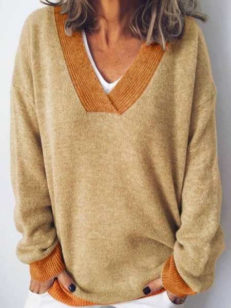 

Casual Long Sleeve V Neck Sweater, Yellow, Knitwear & Sweaters