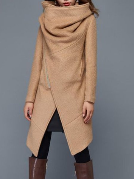 

Long Sleeve Solid Lady High Neck Outerwear, Khaki, Coats