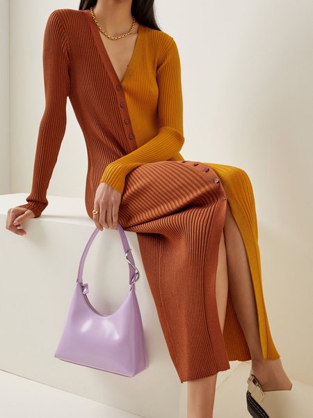 

Skinny Yarn/Wool Yarn V Neck Dresses, Light brown, Midi Dresses