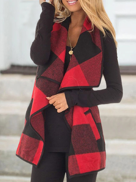 

Lapel Casual Grid Outerwear, Red, Outerwear
