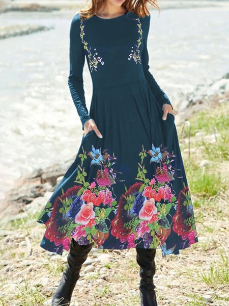 

Regular Fit Vintage Crew Neck Dresses, Navyblue, Midi Dresses