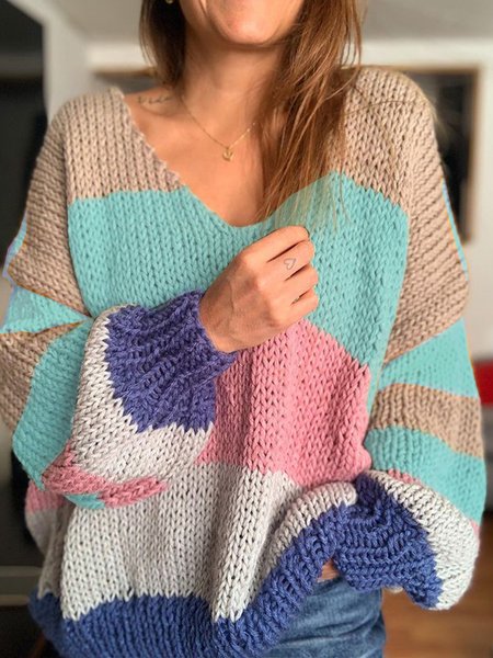 

Casual V Neck Long Sleeve Sweater, Multicolor, Knitwear & Sweaters