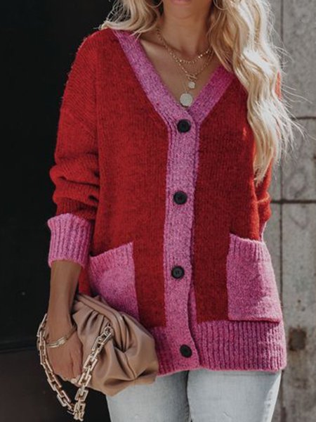 

V Neck Plain Casual Outerwear（accessory not included）, Red, Cardigans