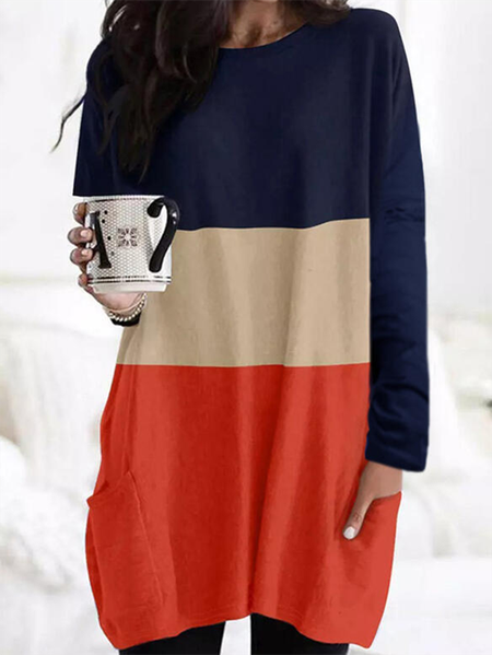 

Crew Neck Casual Color Block Long Sleeve Shirts & Tops, Multicolor, T-Shirts