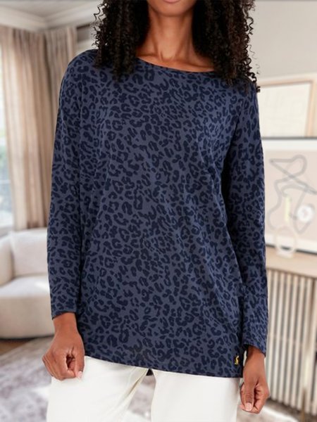 

Casual Leopard Crew Neck Shirts & Tops, Dark_blue, Long sleeve tops