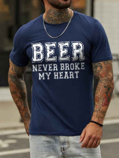 

Beer Never Broke My Heart Crew Neck Short Sleeve Cotton Blends Shirts & Tops, Deep blue, T-shirts
