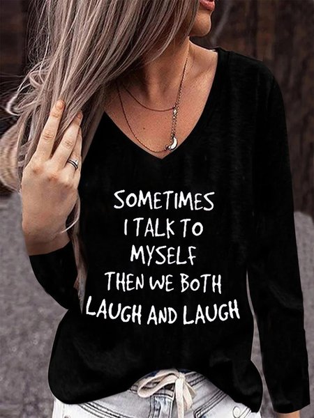 Letters Pattern Long Sleeves V Neck Plus Size Casual Tops, Black, T-Shirts