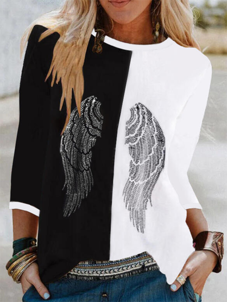 

Color Block Crew Neck Long Sleeve Casual Shirts & Tops, Black-white, T-Shirts