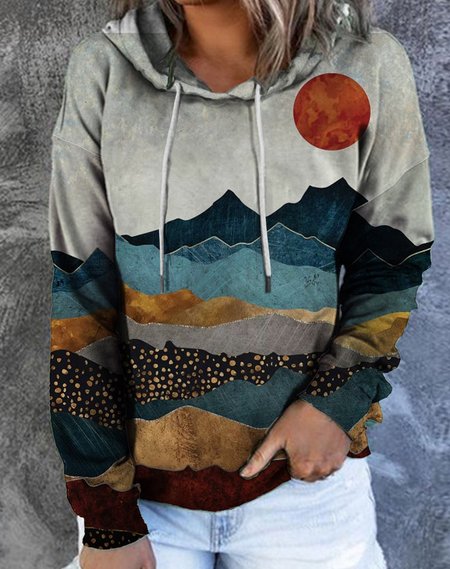 

Amber Dusk Landscape Print Casual Sweatshirt, As picture, Hoodies&Sweatshirts