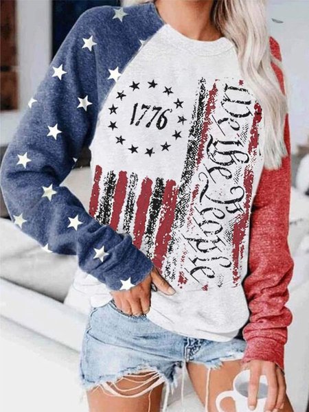 

Color-block Stars Flag Letters Printed Long Sleeve Crew Neck Plus Size Casual Sweatshirts, Multicolor, Hoodies & Sweatshirts