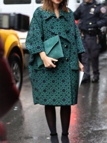 

Geometric Vacation Off Shoulder Regular Fit Coat, Dark green, Coats