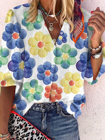 

V Neck Floral Long sleeve Shirts & Tops, White, Shirts & Blouses