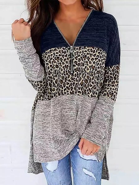 

Casual Loosen Leopard Long Sleeves Zipper V Neck Shirts & Tops, Blue, Tops