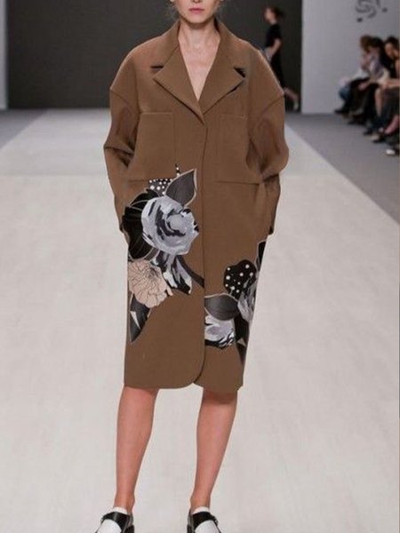 

Long Sleeve Loosen Flat Collar Elegant Outerwear, Brown, Coats