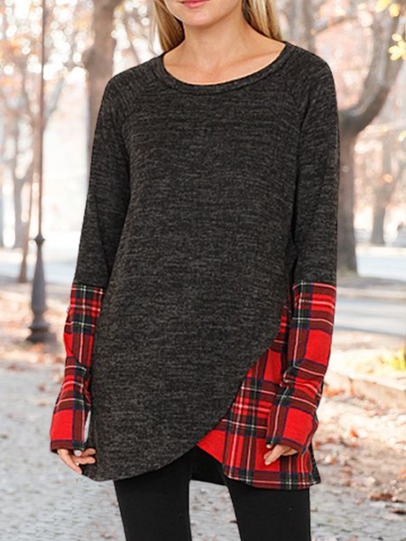 

Casual Loosen Shirts & Tops Dark flower gray stitching red plaid irregular hem long top, Deep gray, Tunics