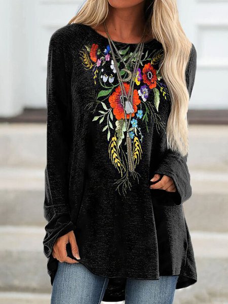 

Vintage Crew Neck Floral Shirts & Tops, Black, T-Shirts