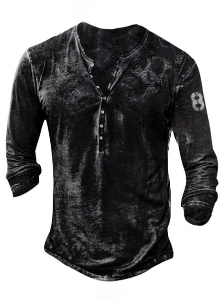 

Long Sleeve Cotton Henley T-shirt, As picture, T-shirt