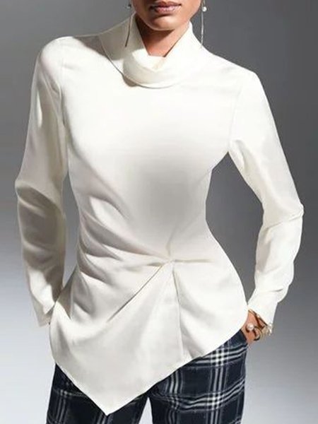 

High Neck Plain Regular Fit Long Sleeve Top, White, Blouses and Shirts