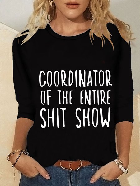 

Casual Long Sleeve Round Neck Plus Size Printed Tops T-shirts, Black, T-Shirts