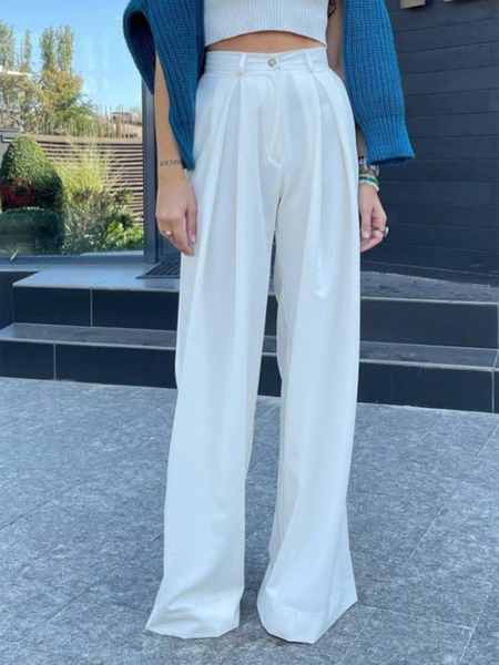 

Regular fit Solid Mid Waist Work Pants, White, Wide Leg Pants