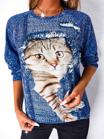 

Loosen Casual Cotton Blends Sweatshirt, Blue, Hoodies & Sweatshirts