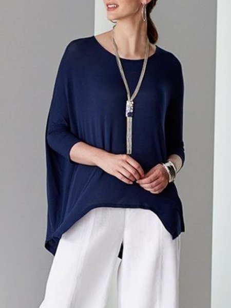 

Loosen Solid Casual Crew Neck Top, Deep blue, Tops