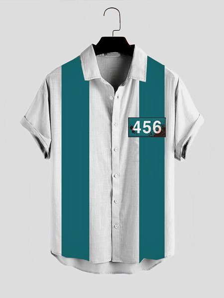 

Mens Squid Game No.456 Print Turndown Collar Chest Pocket Short Sleeve Casual Shirts, White, Shirts ＆ Blouse