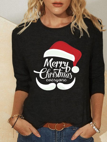 

Christmas Printed Round Neck Casual Long Sleeve Shirts & Tops, Black, Tops