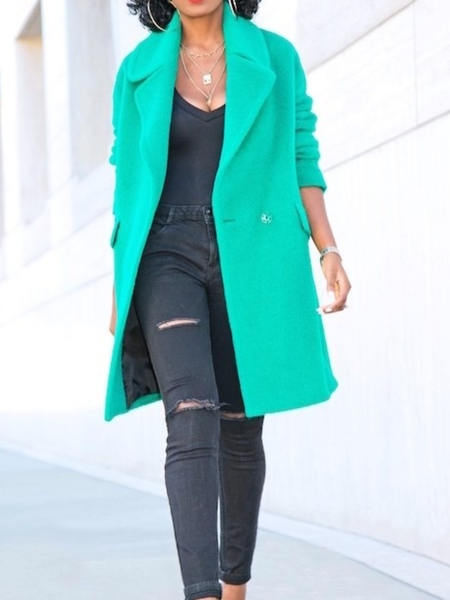 

Fall Plain Loosen Elegant Non-Stretch Mid-weight Long sleeve Outerwear, Green, Coats