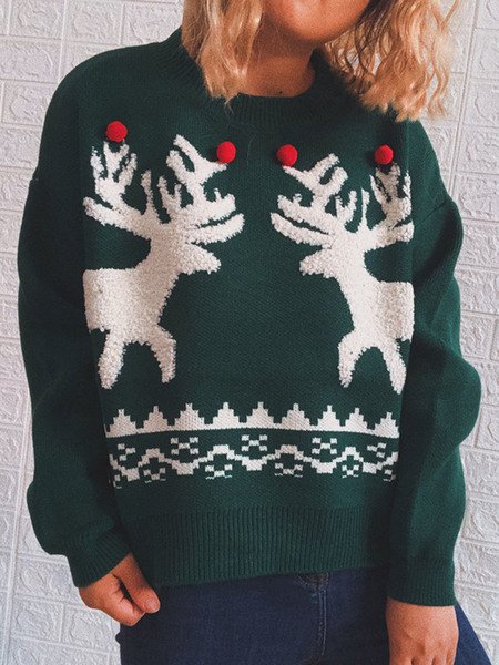 

Long sleeve Holiday Animal Crew Neck Sweater, Green, Pullovers