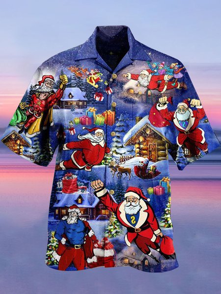 

Short Sleeve Casual Santa Claus Shirts & Tops, As picture, Men's Floral shirt