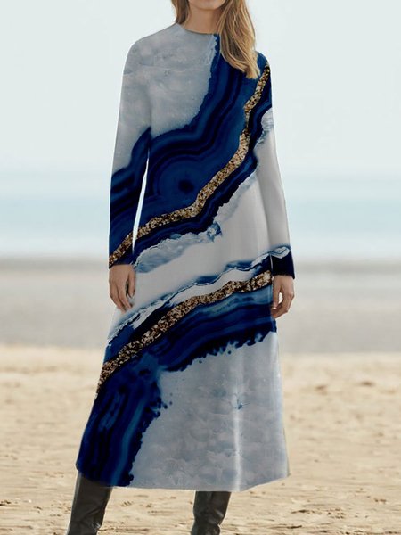 

Casual Printed Round Neck Long Sleeve Casual Maxi Dresses, Gray, Maxi Dresses