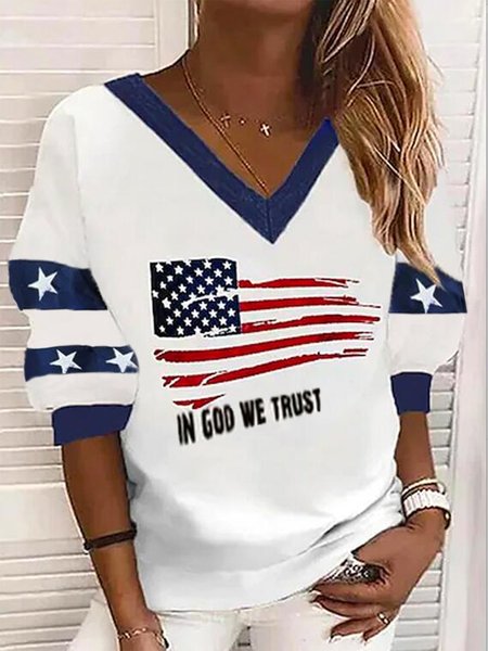 

Color-block Stars Flag Letters Printed V Neck Long Sleeve Plus Size Casual Sweatshirts, Multicolor, Hoodies & Sweatshirts