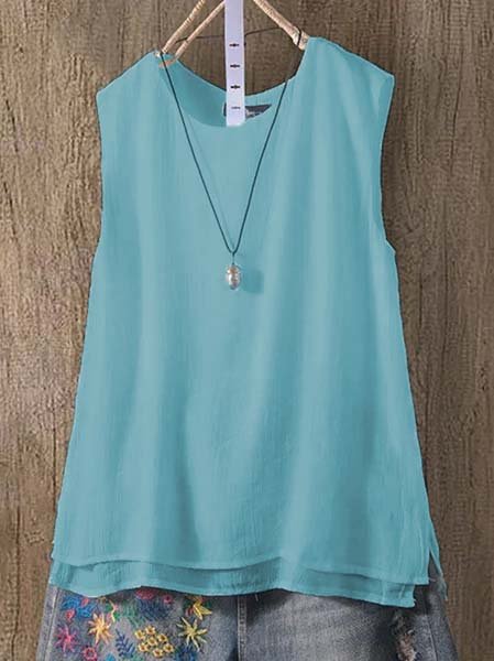 

Cotton-Blend Sleeveless Casual Vests, Blue, Tanks & Camis