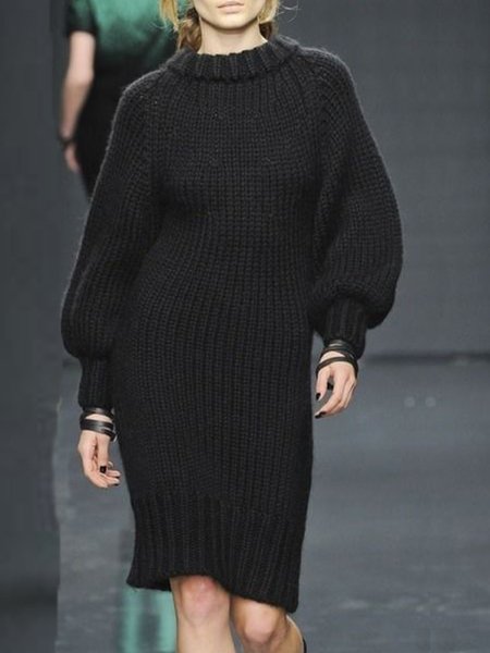 

Elegant Simple Solid Sweater Dress, Black, Midi Dresses
