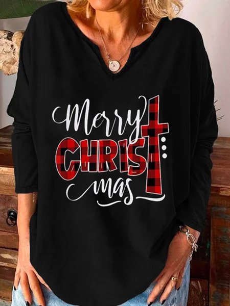 

Christmas Printed V Neck Plus Size Casual T-shirt, Black, T-Shirts