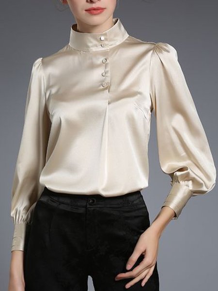 

High Neck Elegant Loosen Long Sleeve Plain Top, Beige, Blouses and Shirts