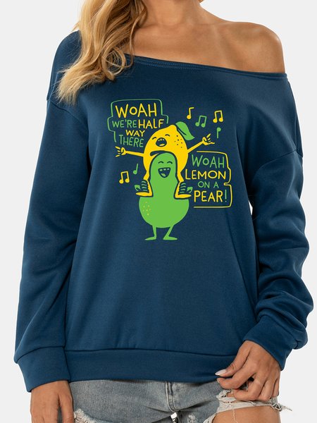 

Unocis Fun Lemon printed Off Shoulder Sweatshirt, Blue, Sweatshirts