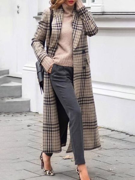

Long Grid Vintage Flat Collar Outerwear, As picture, Coats