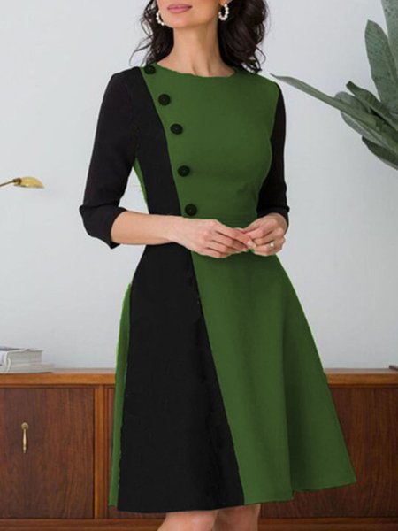 

Elegant Crew Neck Color Block MIni Dress, Green, Midi Dresses