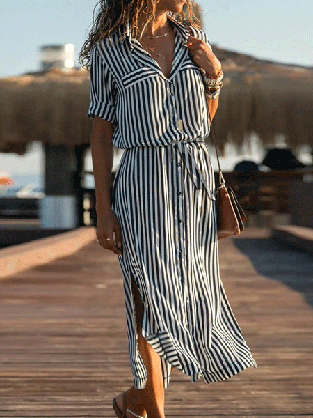 

Casuale Abbottonato Stampato Abito, Nero, Maxi Dresses