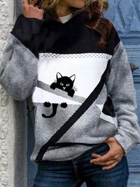 

Cat Printed Hooded Casual Sweatshirt, Gray, Hoodies & Sweatshirts