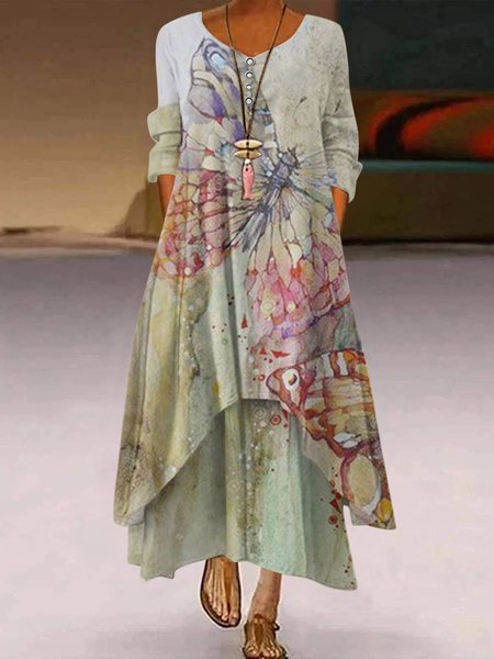 

Buttoned Casual V Neck Weaving Dress, Butterfly, Maxi Dresses