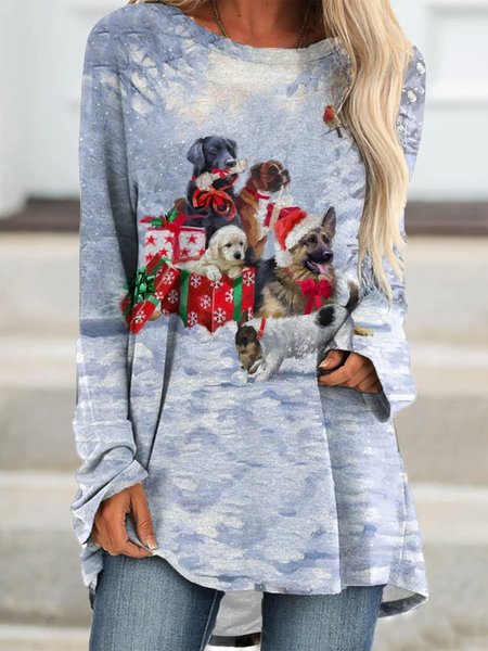 

Christmas dog print round neck long sleeve short dress, As picture, Long sleeves