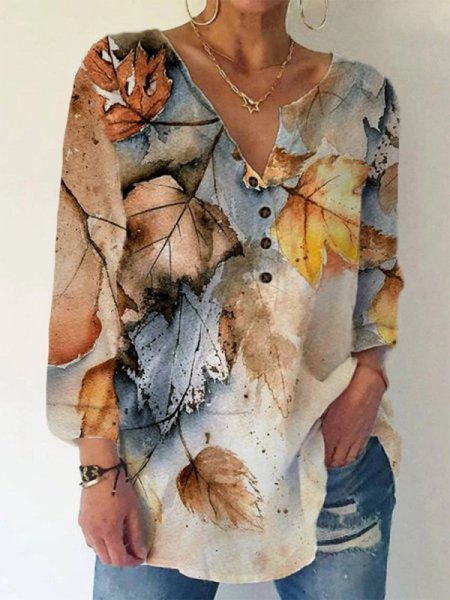

Autumn Leaf Printed Buttoned Loosen Shirts & Tops, As picture, Shirts & Blouses