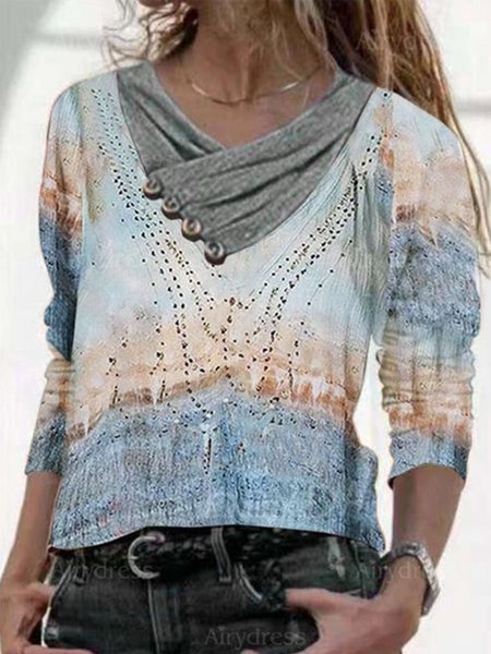 

Casual Long Sleeve V Neck Printed Top, Blue, Tops