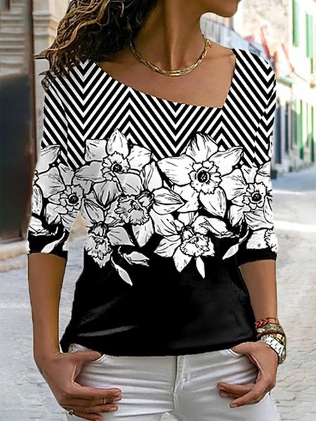 

Loosen Cotton Blends Floral Shirts & Tops, Black, Long sleeve tops