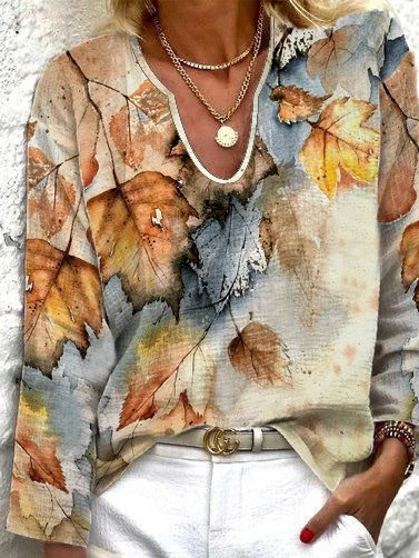 

Retro Leaf Print Women Shirts & Tops, As picture, Blouses